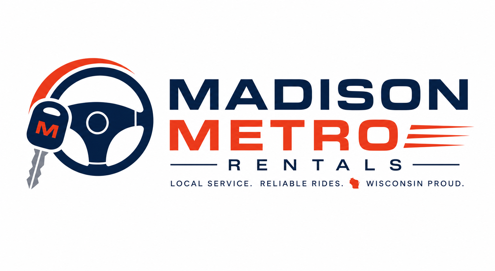 Logo with a steering wheel, a key with an "M", and text "Madison Metro Rentals" with Wisconsin outline.